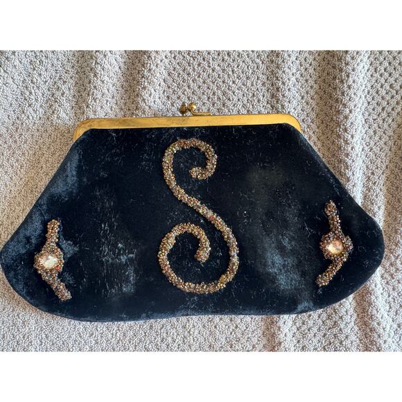 Lewsid Jewel Llewellyn NYC Vintae Beaded Velvet Black Clutch - Picture 1 of 4